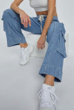 Casual Solid Color Pocket Patchwork Loose Denim Jeans