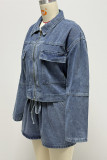 Casual Solid Color Pocket Zipper Turndown Collar Long Sleeve Two Pieces