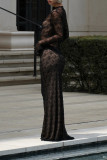 Sexy Solid Color Lace See-Through Half A Turtleneck Long Sleeve Two Pieces