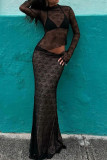 Sexy Solid Color Lace See-Through Half A Turtleneck Long Sleeve Two Pieces