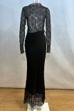 Sexy Solid Color Lace See-Through Half A Turtleneck Long Sleeve Two Pieces