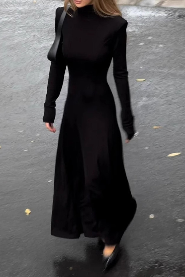 Casual Solid Color Hollow Out Backless Half A Turtleneck Long Dresses