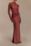 Sexy Solid Color Lace See-Through Half A Turtleneck Long Sleeve Two Pieces