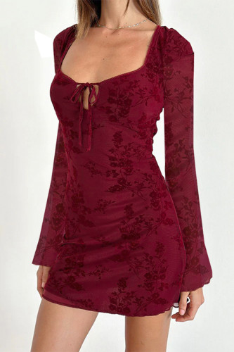 Sexy Flowers Lace Up Patchwork Square Neck Wrapped Skirt Dresses