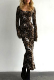 Sexy Leopard Contrast Square Neck One Step Skirt Dresses