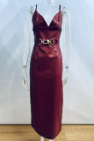 Sexy Solid Color Patchwork Metal Accessories Trim V Neck Sling Dresses