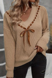 Casual Solid Color Lace Up V Neck Tops