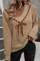 Casual Solid Color Lace Up V Neck Tops