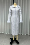 Casual Solid Color Buckle Turndown Collar Shirt Dresses