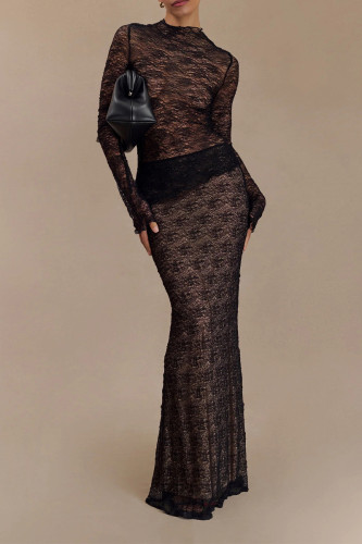 Sexy Solid Color Lace See-Through Half A Turtleneck Long Sleeve Two Pieces