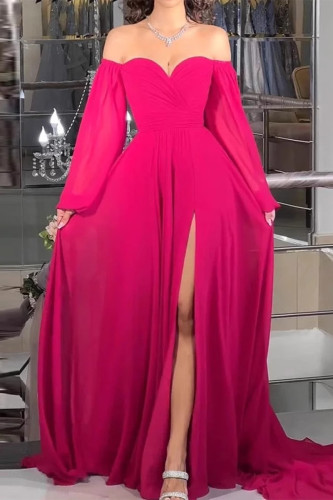 Sexy Solid Color Slit Off Shoulder Evening Dresses