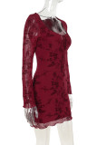Sexy Flowers Lace Up Patchwork Square Neck Wrapped Skirt Dresses