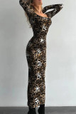 Sexy Leopard Contrast Square Neck One Step Skirt Dresses