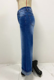 Casual Daily Solid Color Distressed Contrast High Waist Loose Denim Jeans