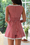 Casual Plaid Lace Patchwork Contrast O Neck Loose Rompers