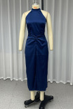 Sexy Solid Color Slit Ruched Halter Sleeveless Two Pieces