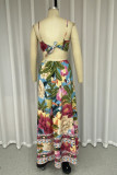 Sexy Floral Print Backless Contrast V Neck Printed Dresses