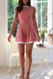 Casual Plaid Lace Patchwork Contrast O Neck Loose Rompers