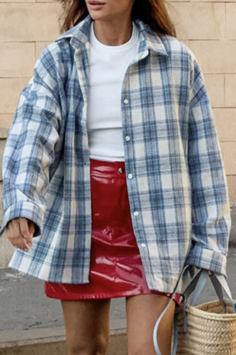 Street Plaid Patchwork Contrast Turndown Collar Tops