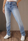 Casual Solid Color Distressed Pocket Mid Waist Denim Jeans
