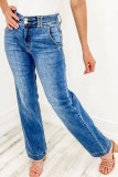 Casual Solid Color Distressed Pocket Denim Jeans