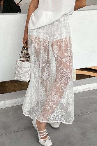 Sexy Solid Color Lace See-Through Loose High Waist Solid Color Bottoms