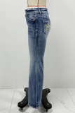 Casual The stars Embroidered Distressed Mid Waist Denim Jeans