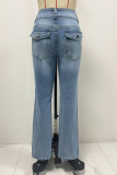 Casual Solid Color Distressed Pocket Mid Waist Denim Jeans