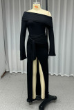 Casual Street Solid Color Slit Ruched Oblique Collar Long Dresses