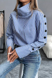 Casual Stripe Buttons Turtleneck Tops