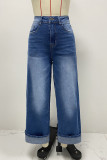Casual Daily Solid Color Distressed Contrast High Waist Loose Denim Jeans
