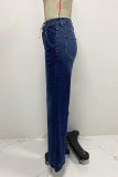 Casual Solid Color Distressed Lace Up High Waist Loose Denim Jeans