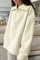 Casual Solid Color Zipper Fluffy Turndown Collar Tops