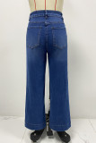 Casual Solid Color Distressed Pocket High Waist Loose Denim Jeans