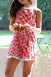 Casual Plaid Lace Patchwork Contrast O Neck Loose Rompers