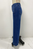 Casual Solid Color Distressed Pocket High Waist Loose Denim Jeans