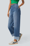 Casual Daily Solid Color Distressed Contrast High Waist Loose Denim Jeans
