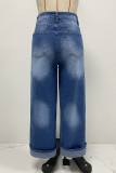 Casual Daily Solid Color Distressed Contrast High Waist Loose Denim Jeans