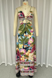 Sexy Floral Print Backless Contrast V Neck Printed Dresses
