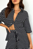 Casual Stripe Lace Up Patchwork Contrast Turndown Collar Half Sleeve Two Pieces