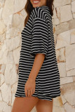 Casual Stripe Lace Up Patchwork Contrast Turndown Collar Half Sleeve Two Pieces