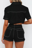 Casual Solid Color Pocket Buttons Patchwork Turndown Collar Short Sleeve Two Pieces