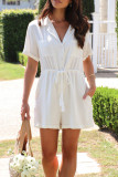 Casual Solid Color Pocket Lace Up Turndown Collar Loose Rompers