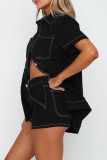 Casual Solid Color Pocket Buttons Patchwork Turndown Collar Short Sleeve Two Pieces