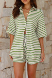 Casual Stripe Lace Up Patchwork Contrast Turndown Collar Half Sleeve Two Pieces