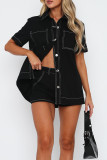 Casual Solid Color Pocket Buttons Patchwork Turndown Collar Short Sleeve Two Pieces