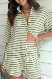 Casual Stripe Lace Up Patchwork Contrast Turndown Collar Half Sleeve Two Pieces