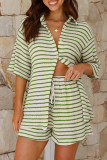 Casual Stripe Lace Up Patchwork Contrast Turndown Collar Half Sleeve Two Pieces