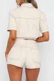 Casual Solid Color Pocket Buttons Patchwork Turndown Collar Short Sleeve Two Pieces