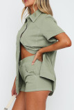 Casual Solid Color Pocket Buttons Patchwork Turndown Collar Short Sleeve Two Pieces